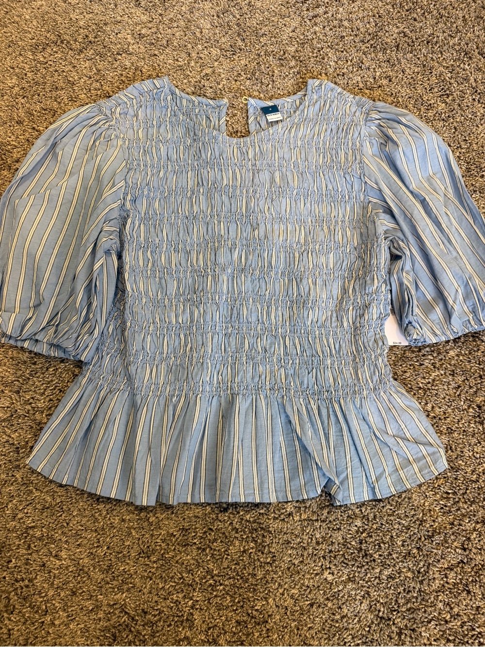 Old Navy Light Blue Striped Smocked Peplum Blouse